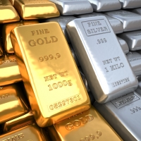 Silver ingot and  gold bullion. Finance illustration